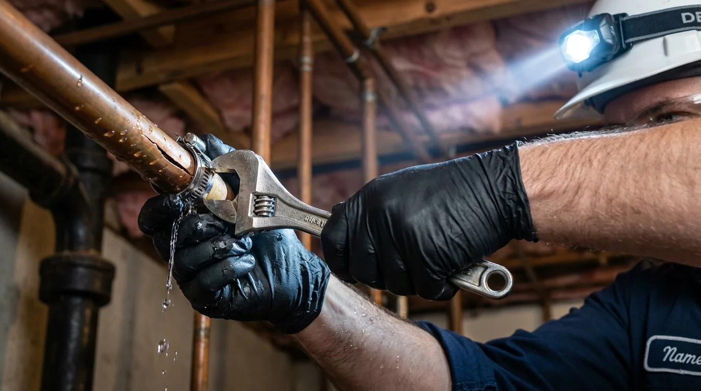 Emergency pipe clamp repair being performed by a Johns Plumbing LLC plumber in Delmar