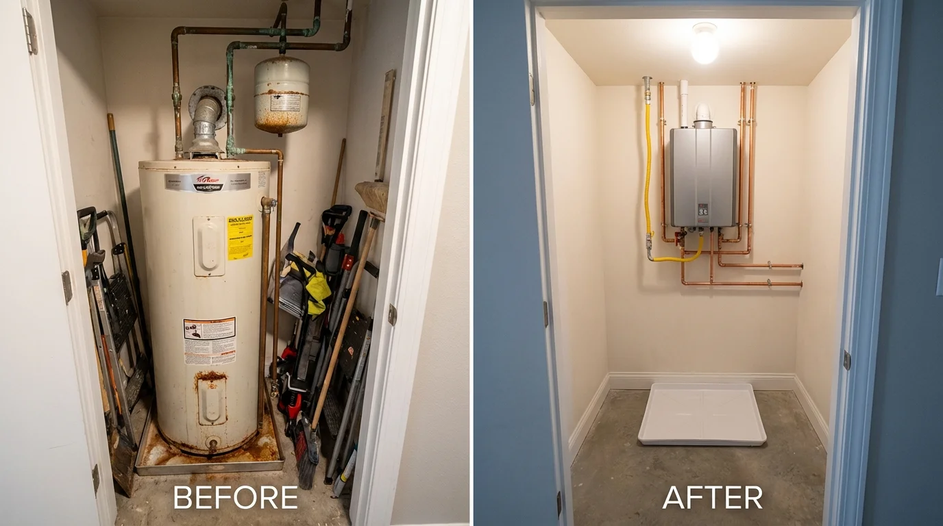 Tank water heater versus wall-mounted tankless unit comparison for Delmar, DE homeowners