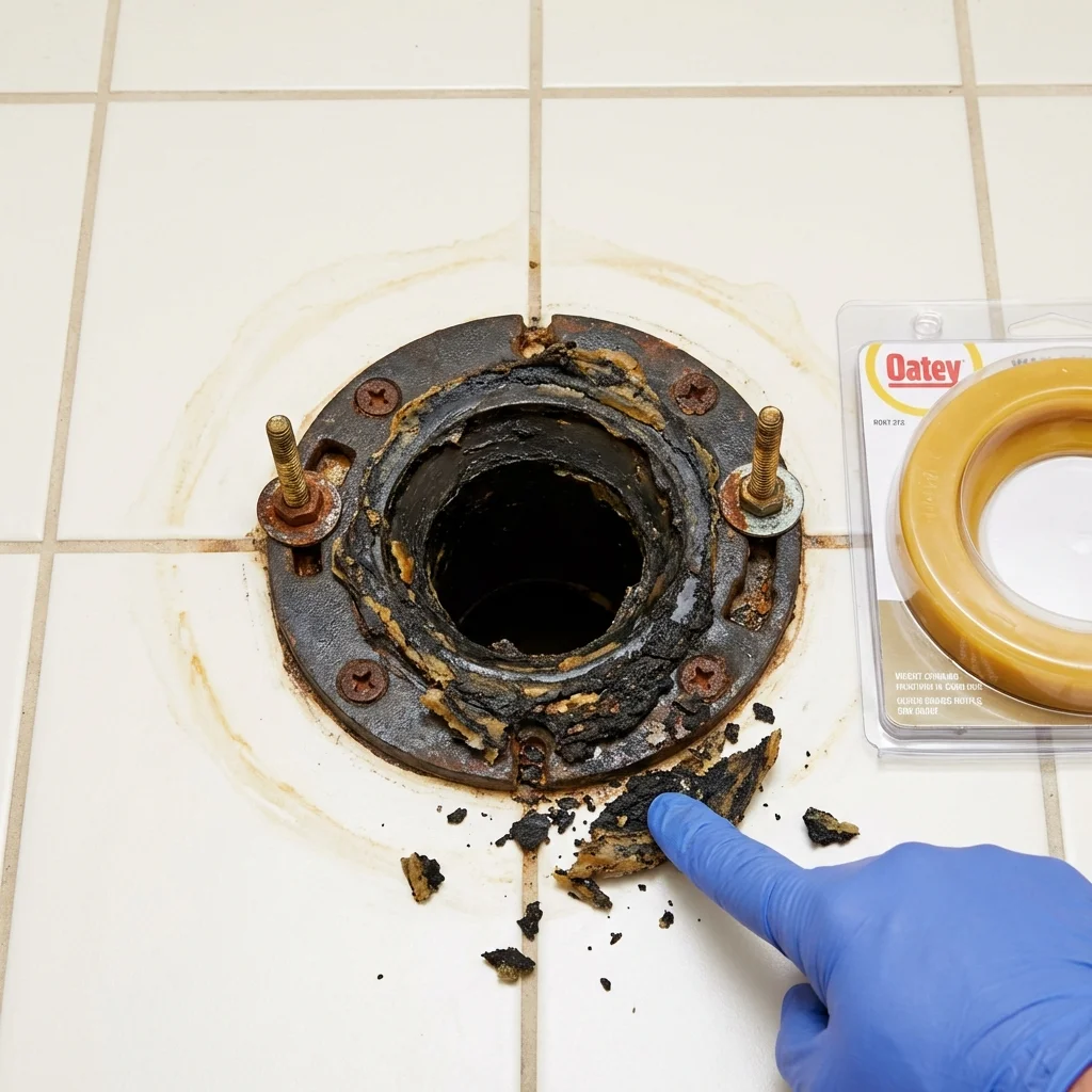 Failed wax ring showing water seepage at the base of a toilet in a Delmar, DE home