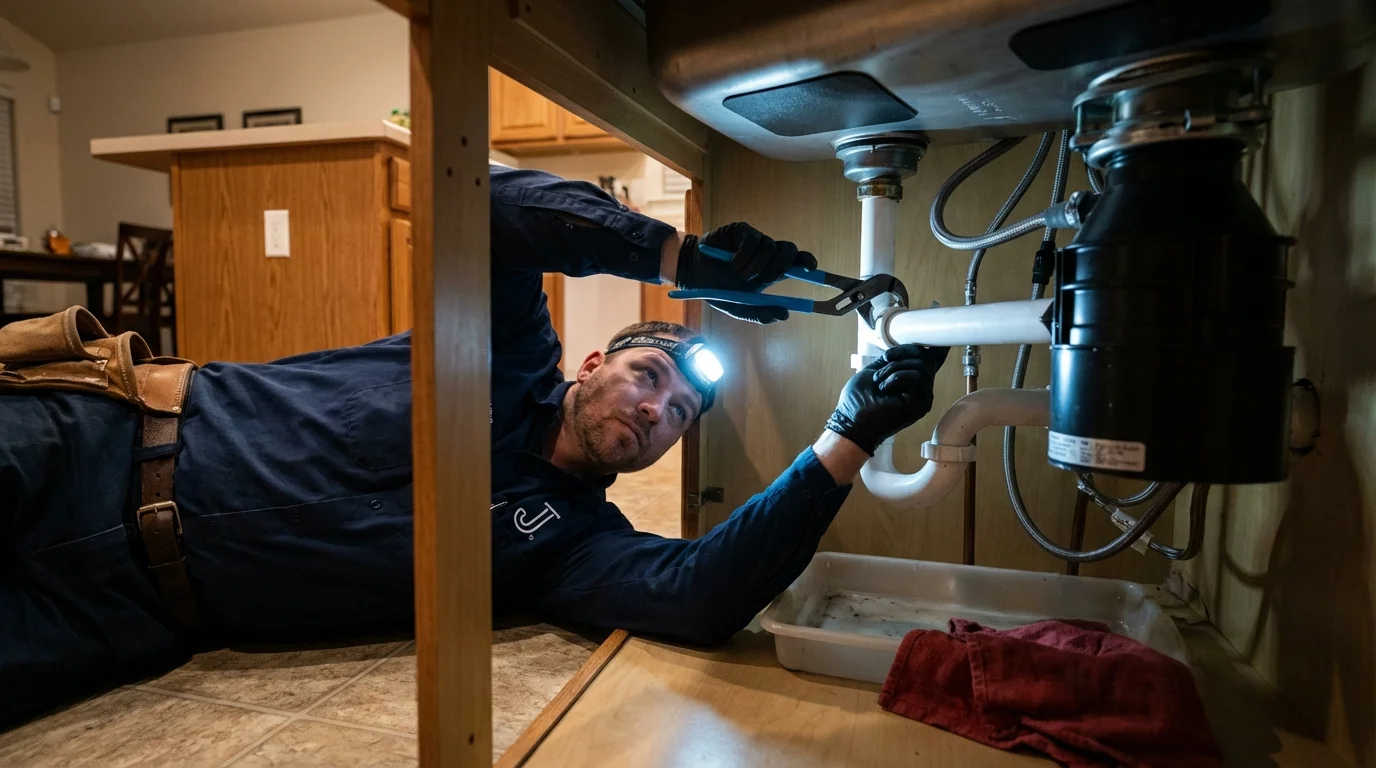 P-trap and supply line connections under a kitchen sink showing a common leak point in Delmar, DE